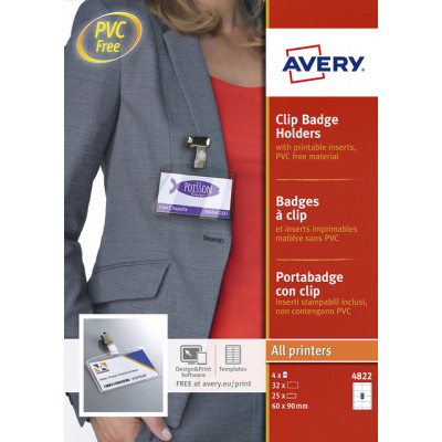 BADGE AVERY 4822 MET CLIP + INSTEEKKAARTEN 60X90MM