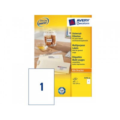 ETIKET AVERY ZWECK 3478 210X297MM A4 200ST